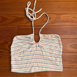 Striped Ribbed Halter Crop Top - Pastel Multicolor